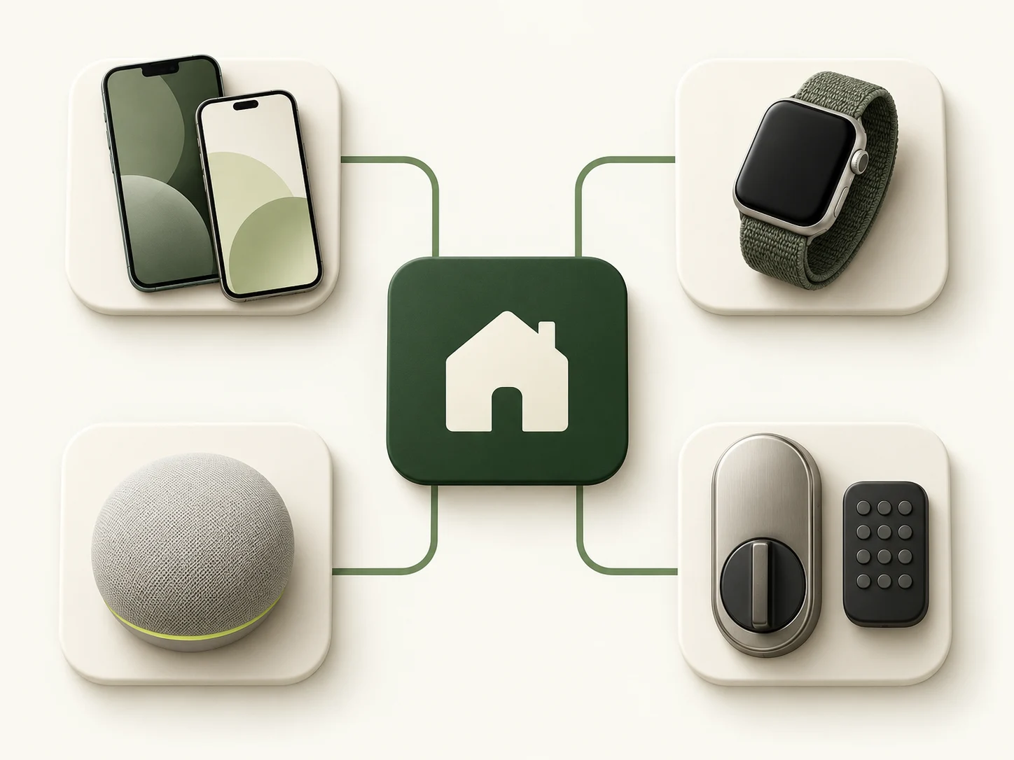 Phones, a watch, a home hub and a smart lock linking to one home.