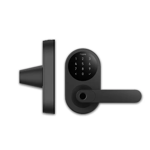 Aqara Smart Lock U300 black lever lock, viewed from both sides.