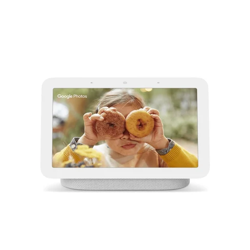 Google Nest Hub second generation in Chalk, showing a photo on its screen.